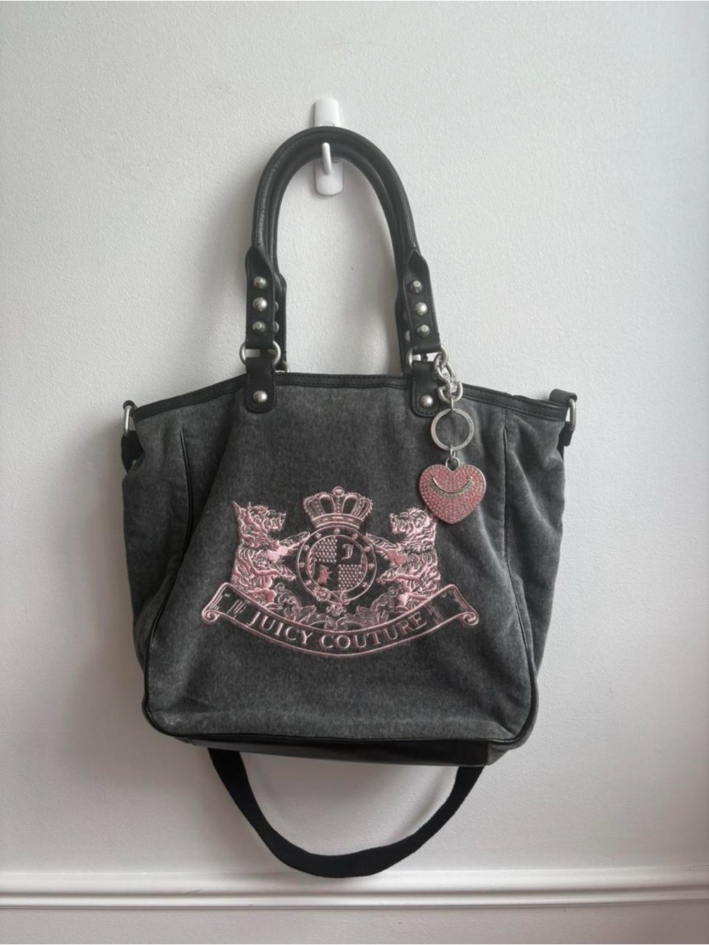 Juicy Couture Charcoal Gray Tote with Pink Crest and Heart Charm